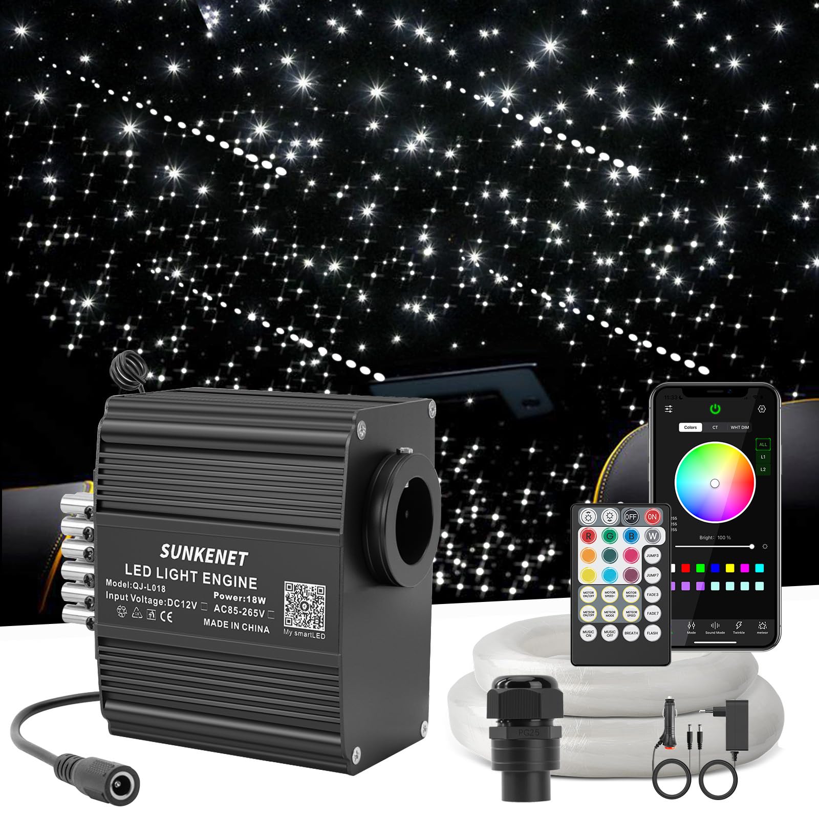 SUNKENET Meteor 12 W Twinkle 550 Pieces x 0.75 mm x 3 m Starlight Headliner Kit with Shooting Star