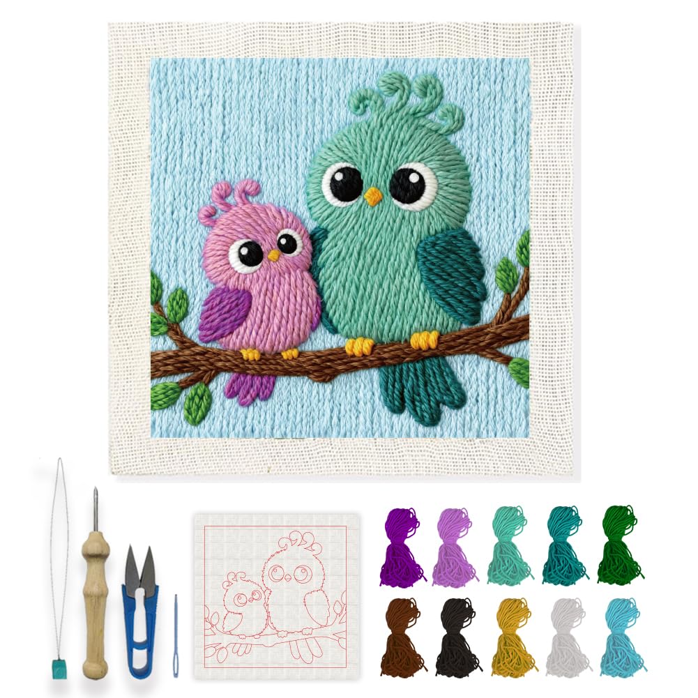 INFUNLY Birds Punch Needle Kits for Beginner Adult Cute Bird DIY Punch Needle Embroidery Starter Kit for Wall Hanging Funny Animal Needles Stitching Kit with Instruction for DIY Crafts Gift Home Decor