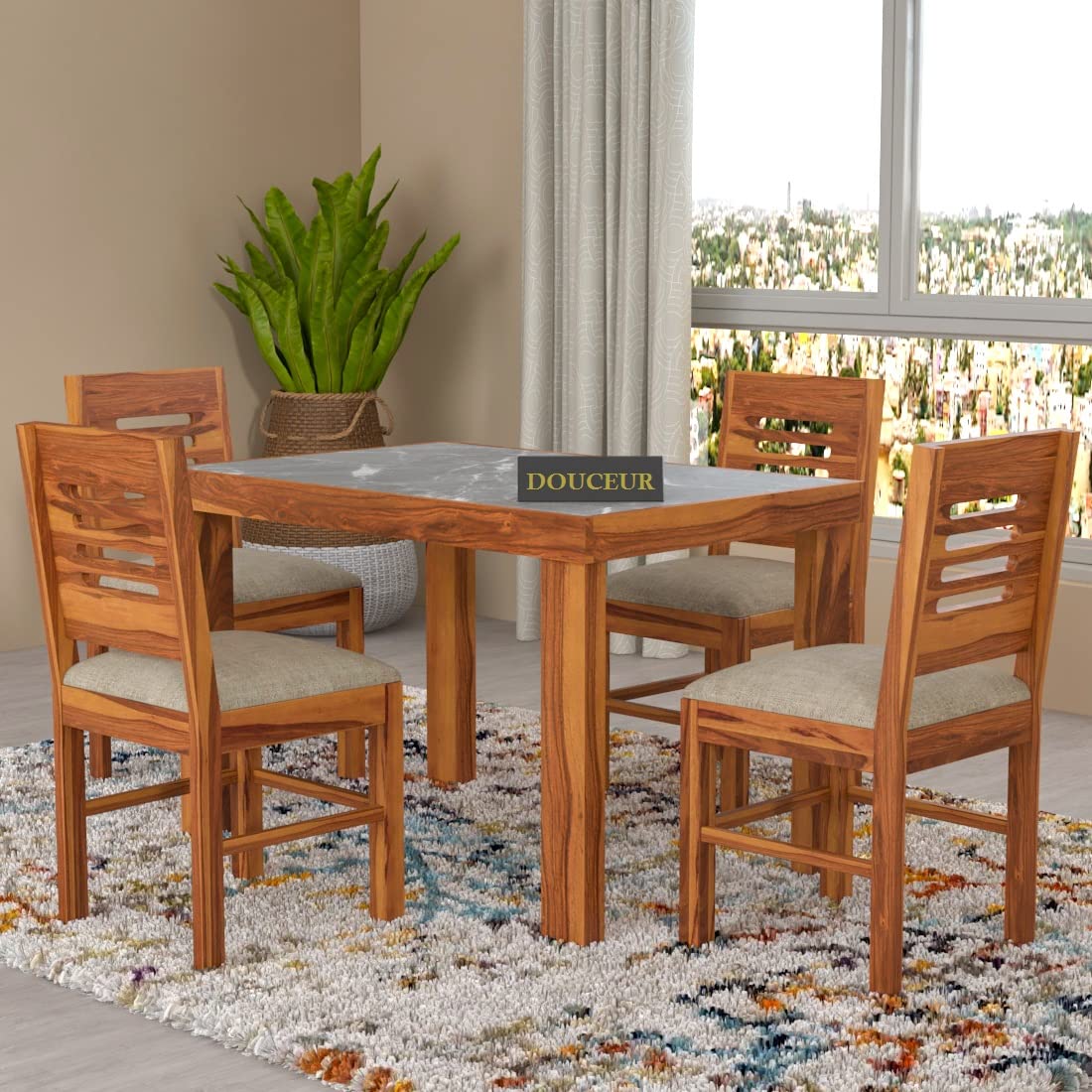 Douceur Furnitures Solid Wood Marble Top Finish 4 Seater Dining | Four Seater Dining Set | Wooden Dining Set (Medium3)-image-0