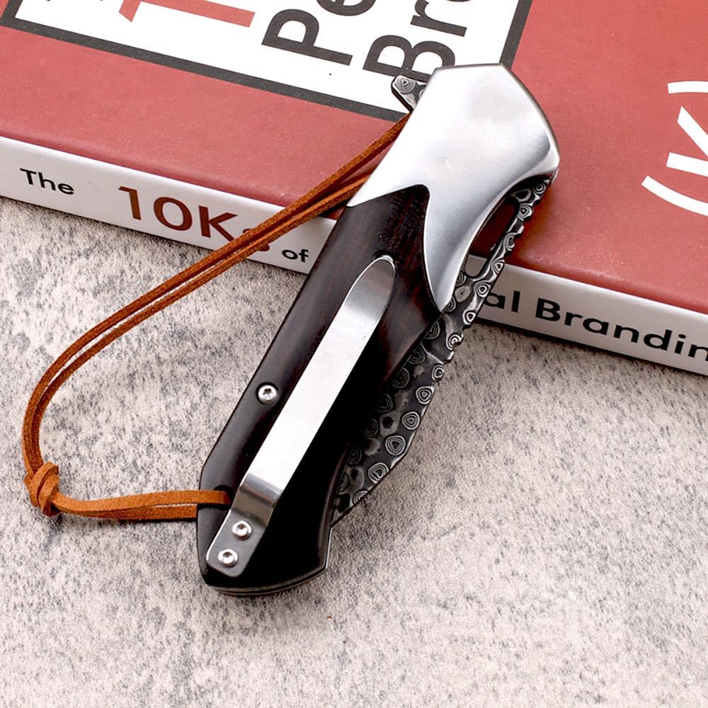 Joa Klappmesser Damaszener Geschmiedet Taschenmesser Scharfe Damaststahl & Ebenholz, Damaskus edelstahl Messer, EDC Outdoor Messer, Damastmesser klein neck knife