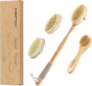 DEBETOOL Dry Brushing Set: Natural Boar Bristle Body & Face Brushes, Detachable Wooden Long Handle for Cellulite & Lymphatic Drainage