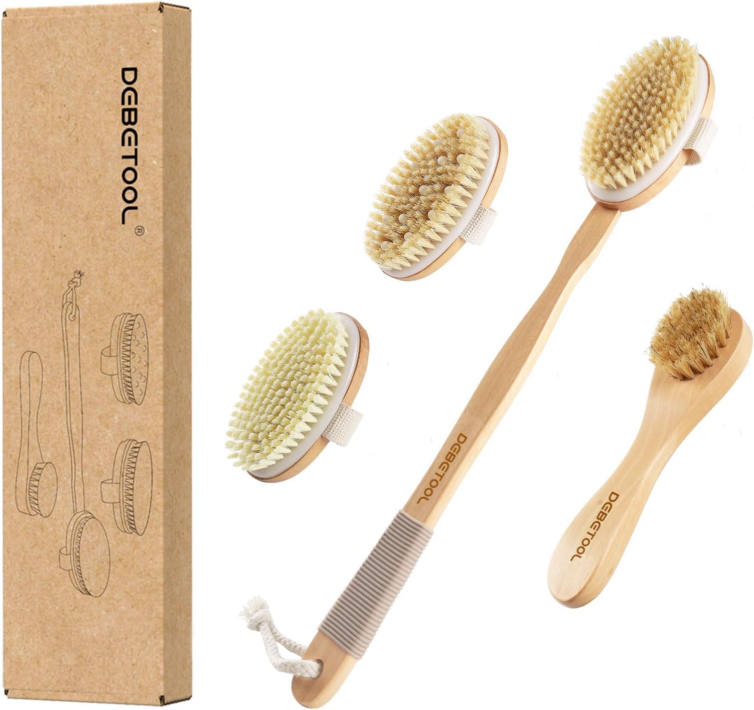 DEBETOOL Dry Brushing Set - Natural Boar Bristle Body & Face Brush, Wooden Long Handle Scrub Brush for Cellulite & Lymphatic Drainage Body Care, Detachable, 3 Brush Heads