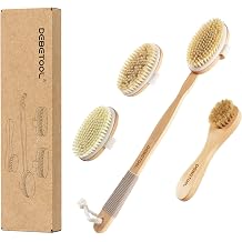 DEBETOOL Dry Brush Set with 3 Detachable Heads, Natural Boar Bristle | Body & Face Scrub Brush for Cellulite & Lymphatic Drainage, Wooden Long Handle Exfoliating Brush Tool