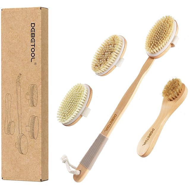 Dry Brushing Set - Natural Boar Bristle Body Face Brush Wooden Long Handle Scrub Brush for Cellulite Lymphatic