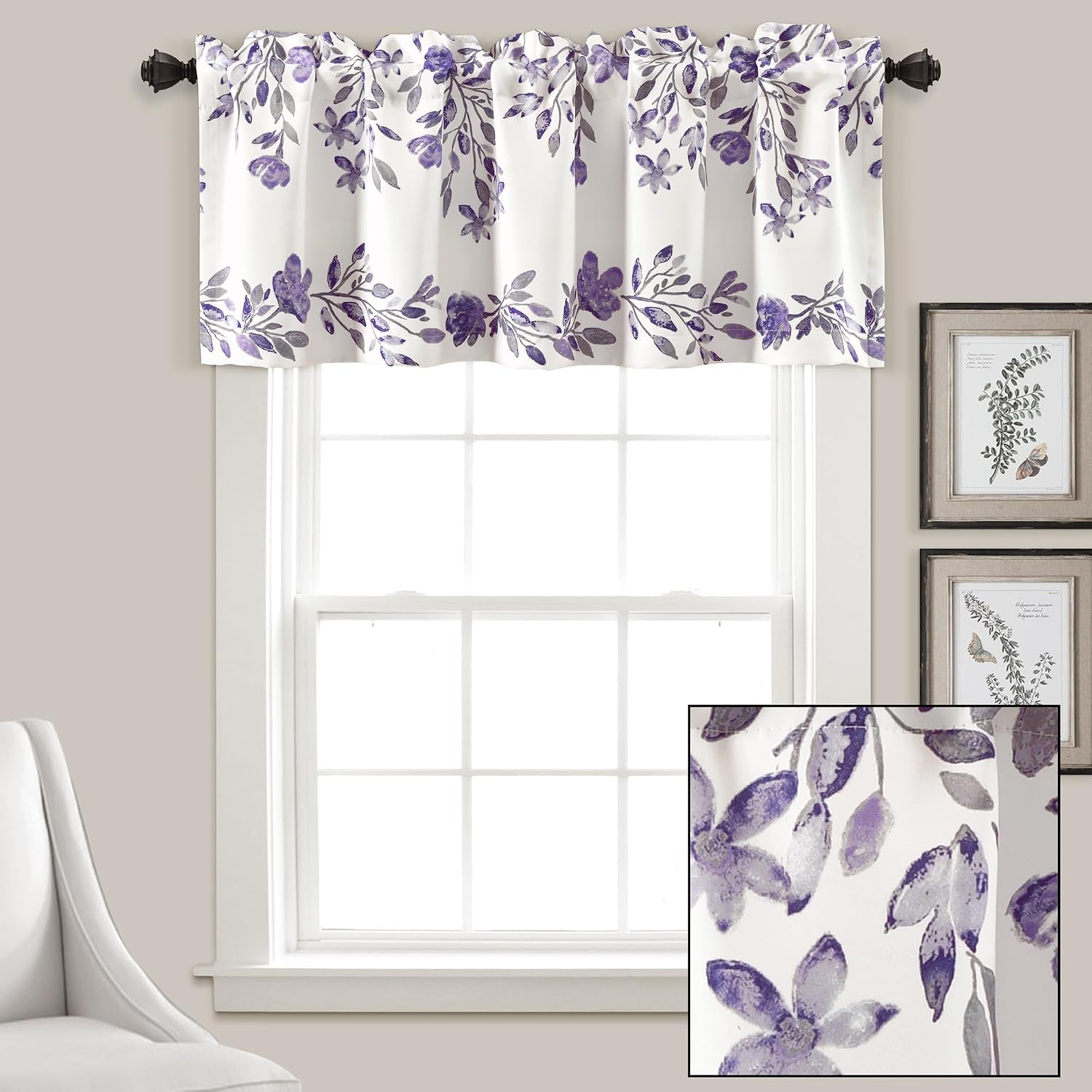 Lush Decor Tanisha Curtain Valance - Light Filtering, Floral Vine Print, Beautiful, Modern, Elegant Home Decor - 52" W x 18" L, Purple & Gray image 5