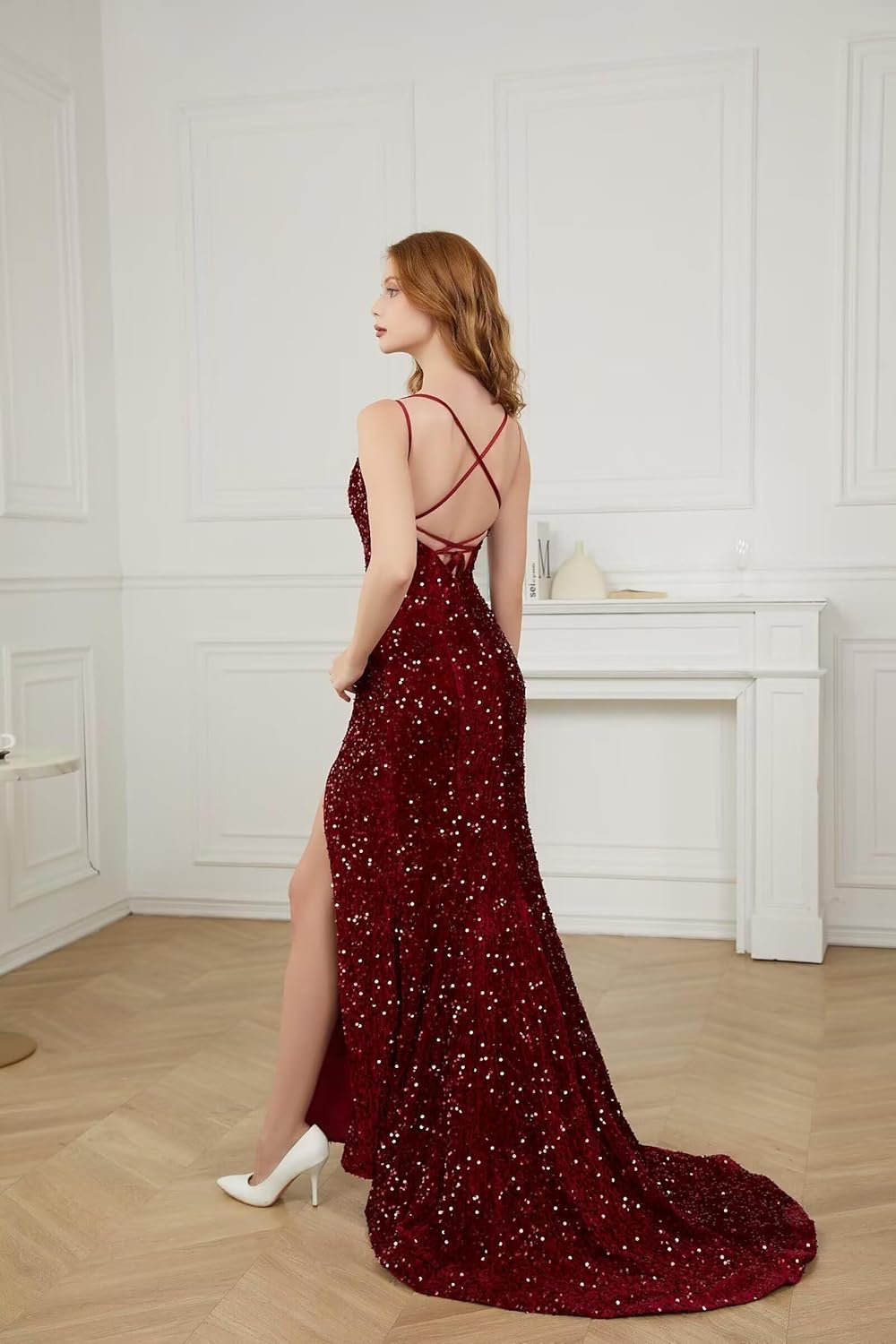 Mermaid Sequin Prom Dresses for Women 2026 Sparkly Spaghetti Straps Long Formal Evening Party Maxi Gowns with Slit