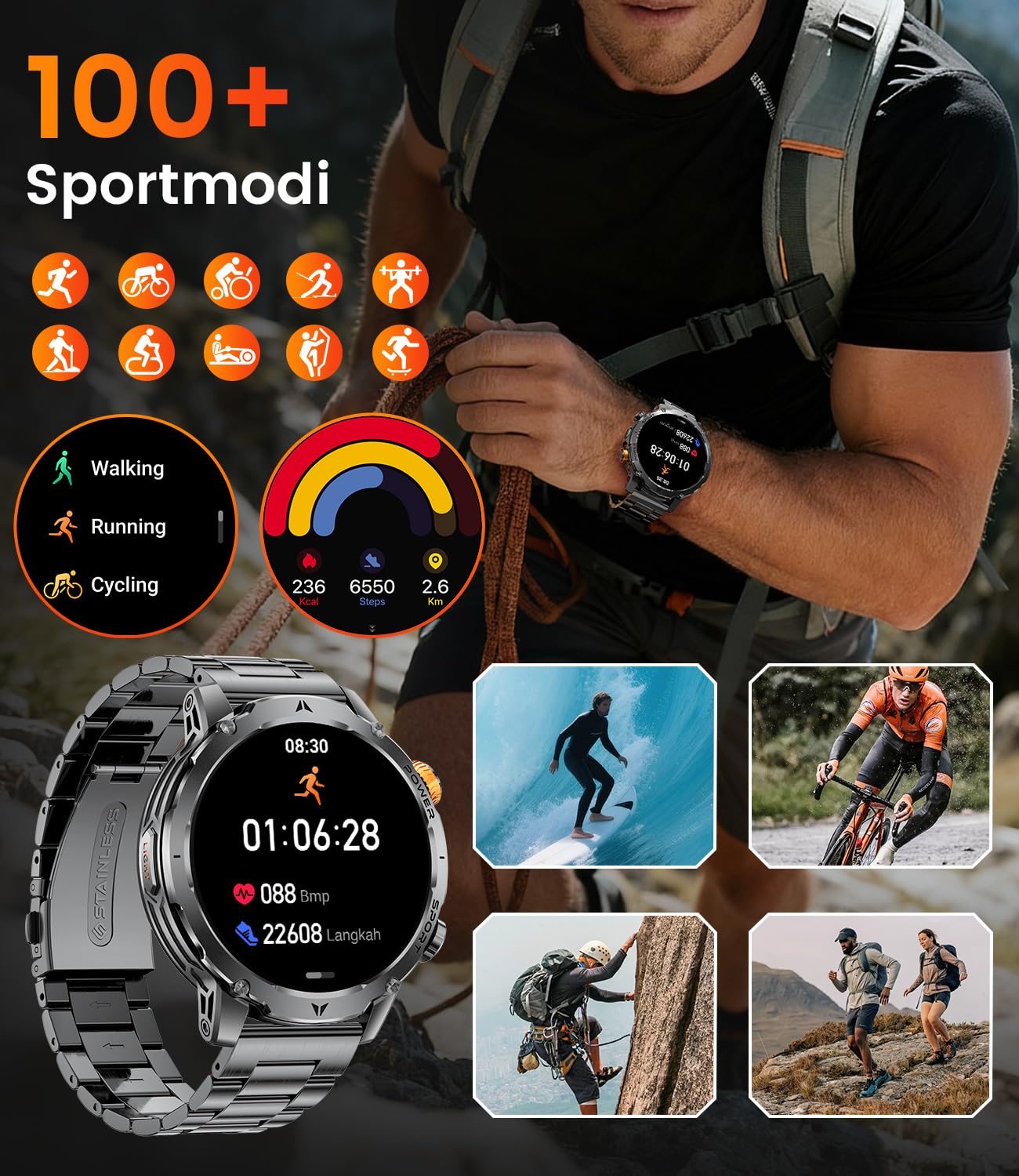 LIGE Smartwatch Herren mit 1000mAh Akku/1.7'' HD Große Display,Militär Smartwatch mit Taschenlampe/Bluetooth Anrufe/120+ Sportmodi,IP68 Wasserdicht Fitnessuhr Herzfrequenz/Schlafmonitor,Stahlschwarz