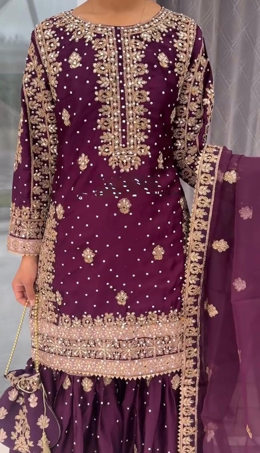 Elegant Purple Salwar Suit Set for Women, Natural Crep Silk Kurta Sharara And Dupatta Ready to Wear