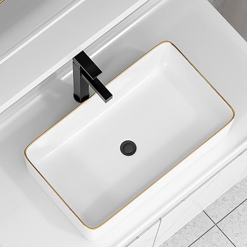 Miniatura 48 de Fregadero de baño de 19 x 15 pulgadas con grifo y desagüe desplegable – Porcelana negra mate rectangular sobre mostrador moderno lavabo de arte