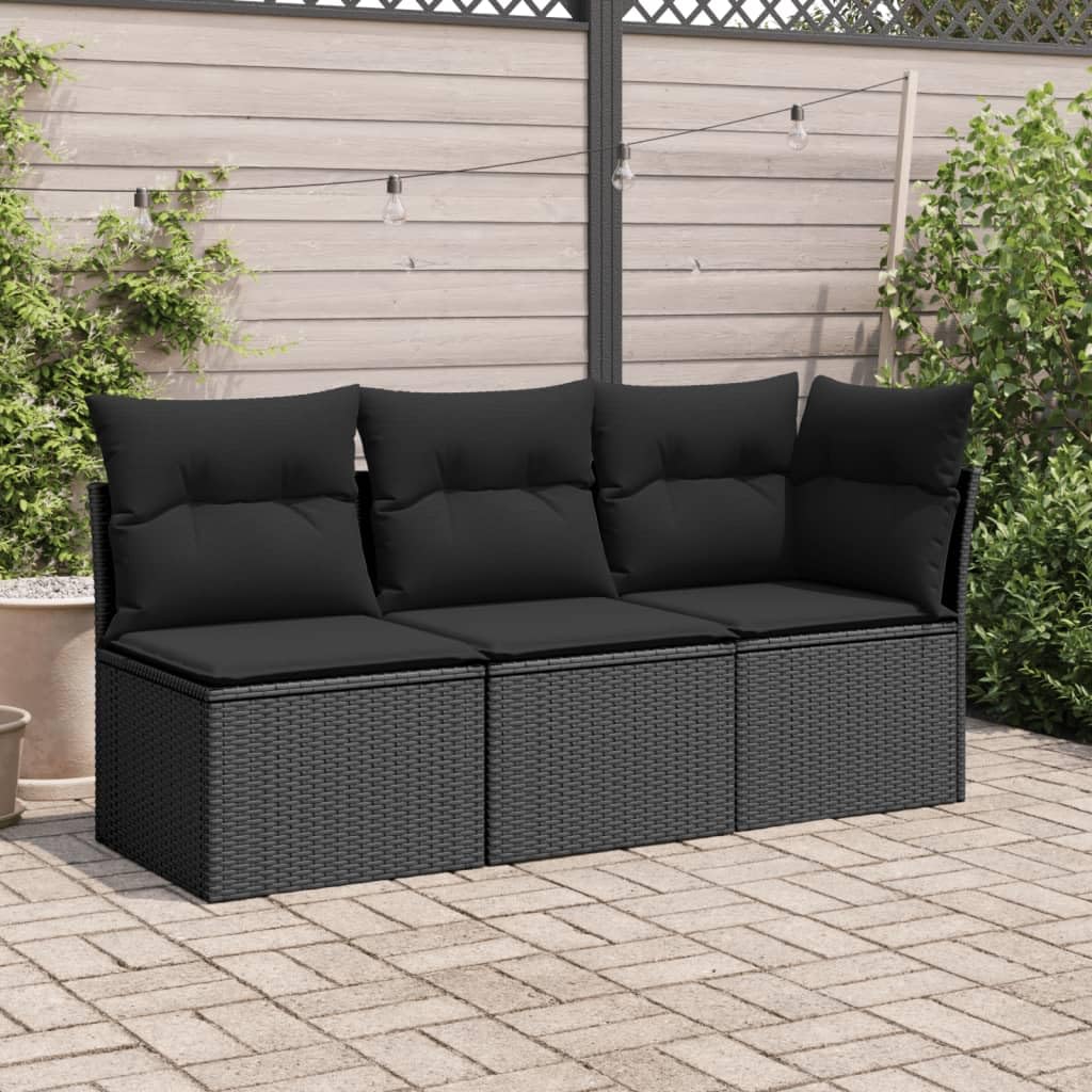 JUDYY Divano da Giardino a 3 Posti con Cuscini Nero in Polyrattan,Divano Giardino,Divano Giardino Esterno,Divano Giardino per Esterno-365987