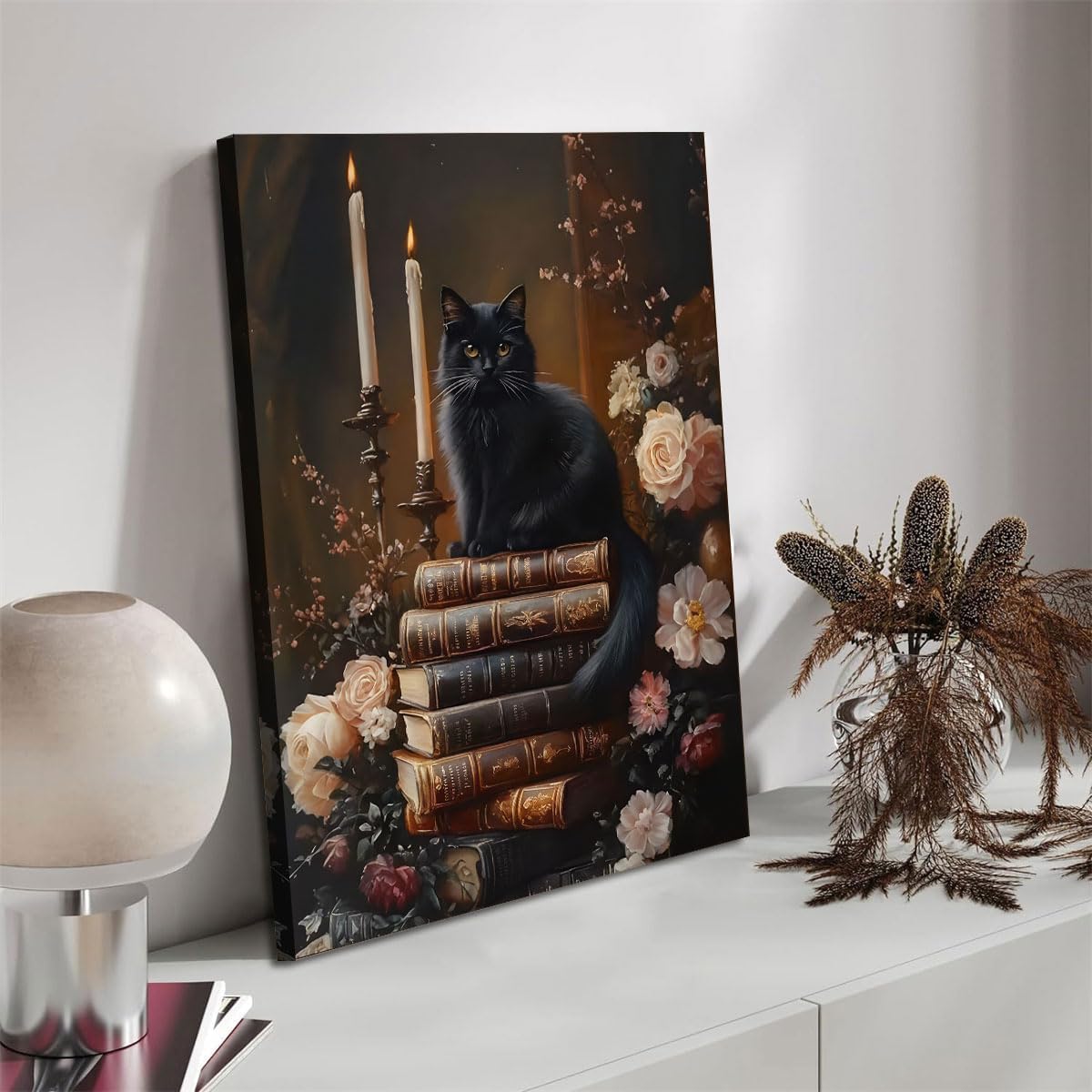 Framed Dark Academia Moody Wall Art Victorian Black Cat Wildflower Book Floral Wall Decor Painting Artwork Vintage Black Cat Books Wall Art Gothic Vintage Antique Aesthetics Print for Home Decoration (A, 16x24inch(40x60cm), Framed)
