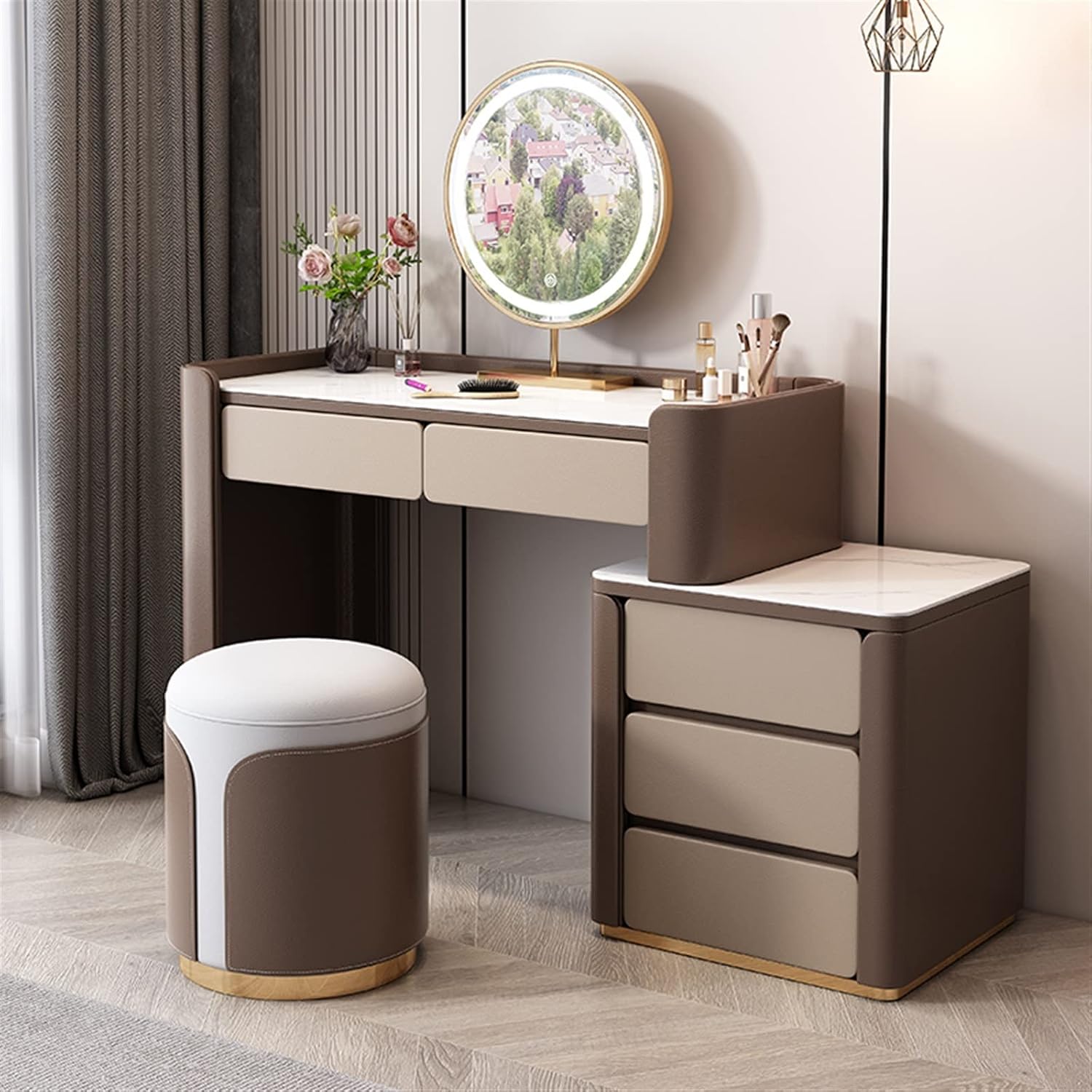 Vanity Dressing Table Set Luxury Makeup Bench with 3 Colors Led Hd Mirror,Comfortable Stool Drawers Cabinet,Modern Simple Style,for Girl's Gift (Size : 120cm) ()