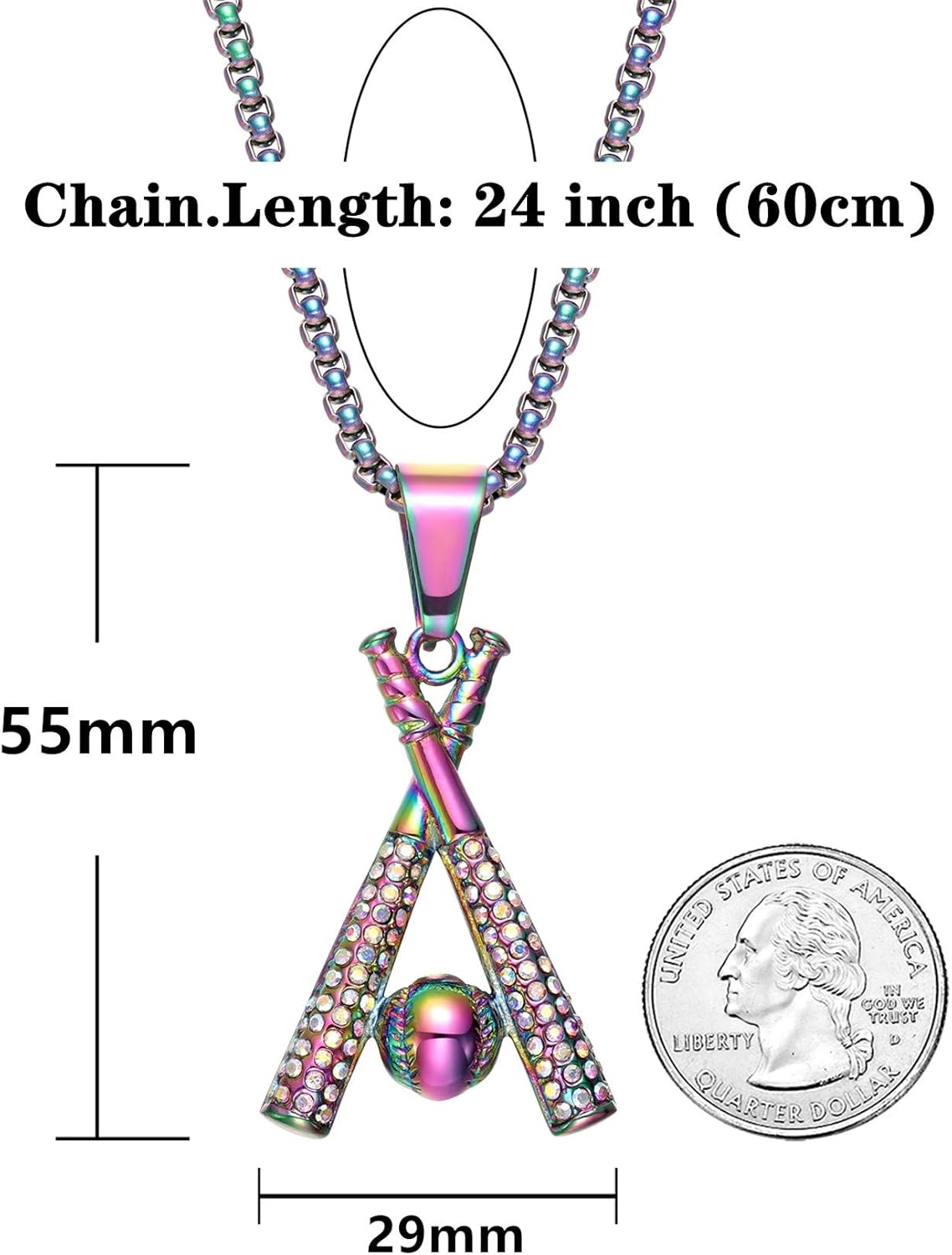 ROWIN&CO Iced Out Baseball Bat Cross Pendant Necklace for Men Women, Stainless Steel Hip hop Jewelry, Gold/Black/Rainbow 24'' Diamond Baseball Personalized Sports Chain - Image 5