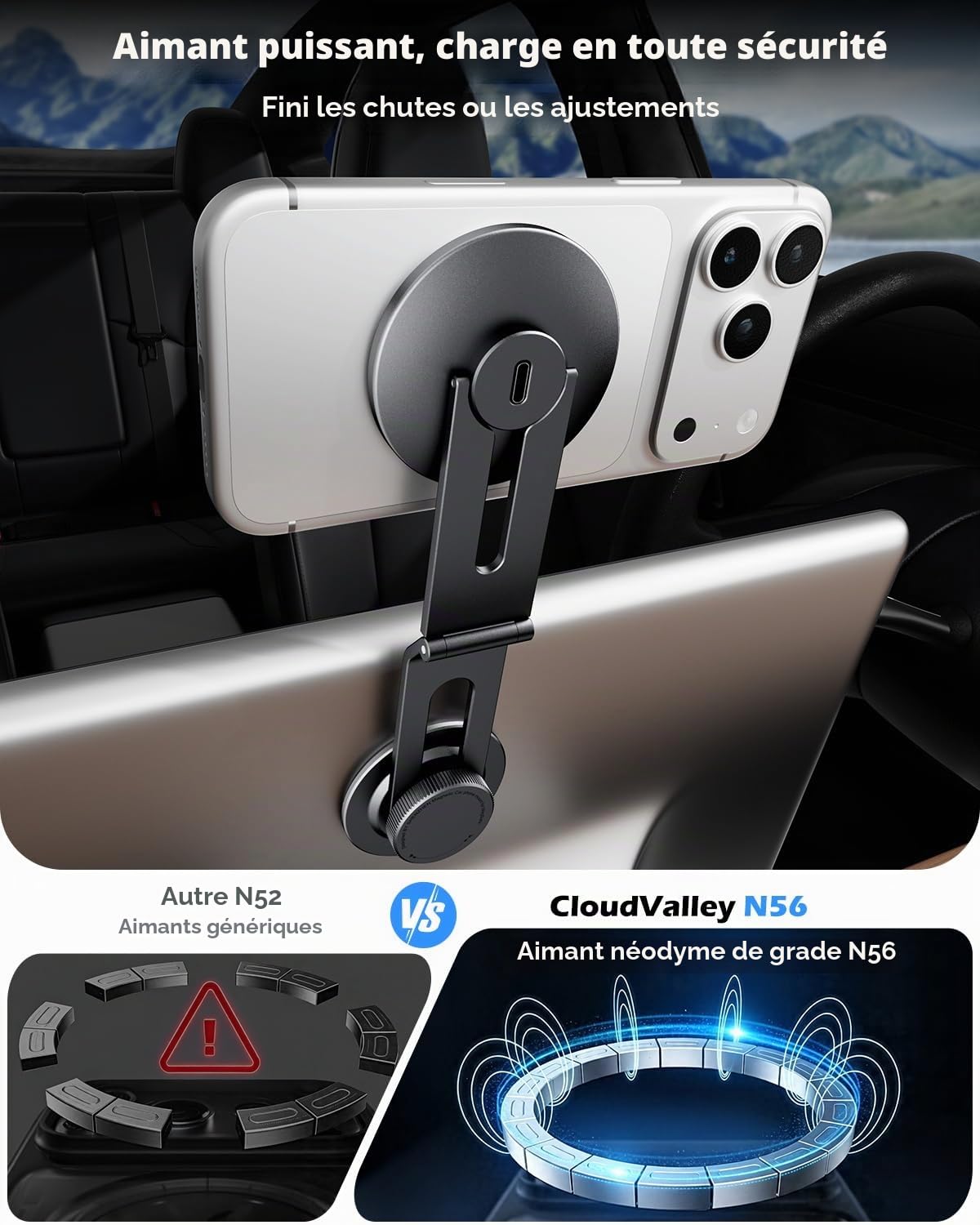 CloudValley Support Magnétique Téléphone Voiture 15W Charge Intégrée, Rotation 360°, Structure Pliable Extensible Dissimulée | Accessoires Compatible Tesla Model 3/Y/Juniper/Cybertruck