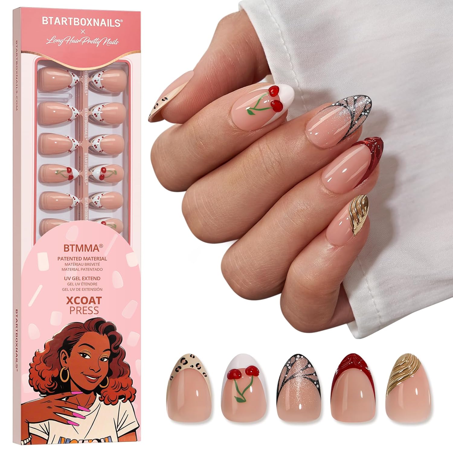 BTArtboxnails X LONGHAIRPRETTYNAILS Press On Nails - Whispers of Glamour, 5 Designs Mix Match Short Oval French Tip Press On Nails, 160 Pcs Salon Quality Soak Off Soft Gel Nail Tips in 16 Sizes