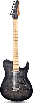 Electric Guitar Burl Wood Look Printed Top Modern Double Cut 6 String HH Pickups Tremolo Maple Neck Gloss Finish Black A