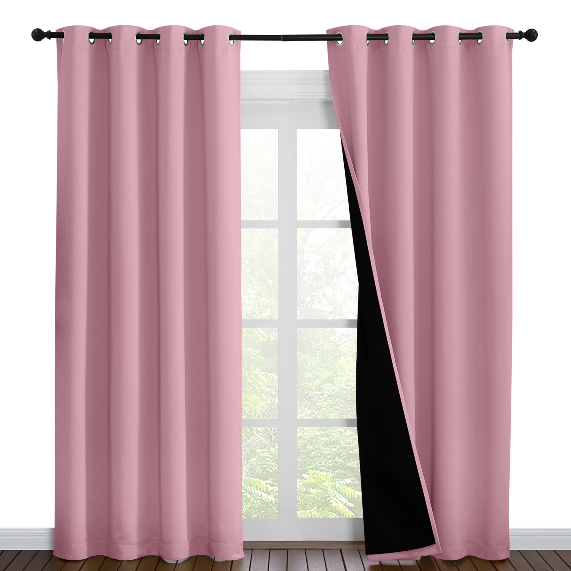 NICETOWN Total Shade Curtains and Draperies, Heavy-Duty Full Light Shading Drapes with Black Liner Backing for Villa/Hall/Dorm Window（Crystal Pink, Package of 2 Panels, 52 inches Wide x 95 inches Long