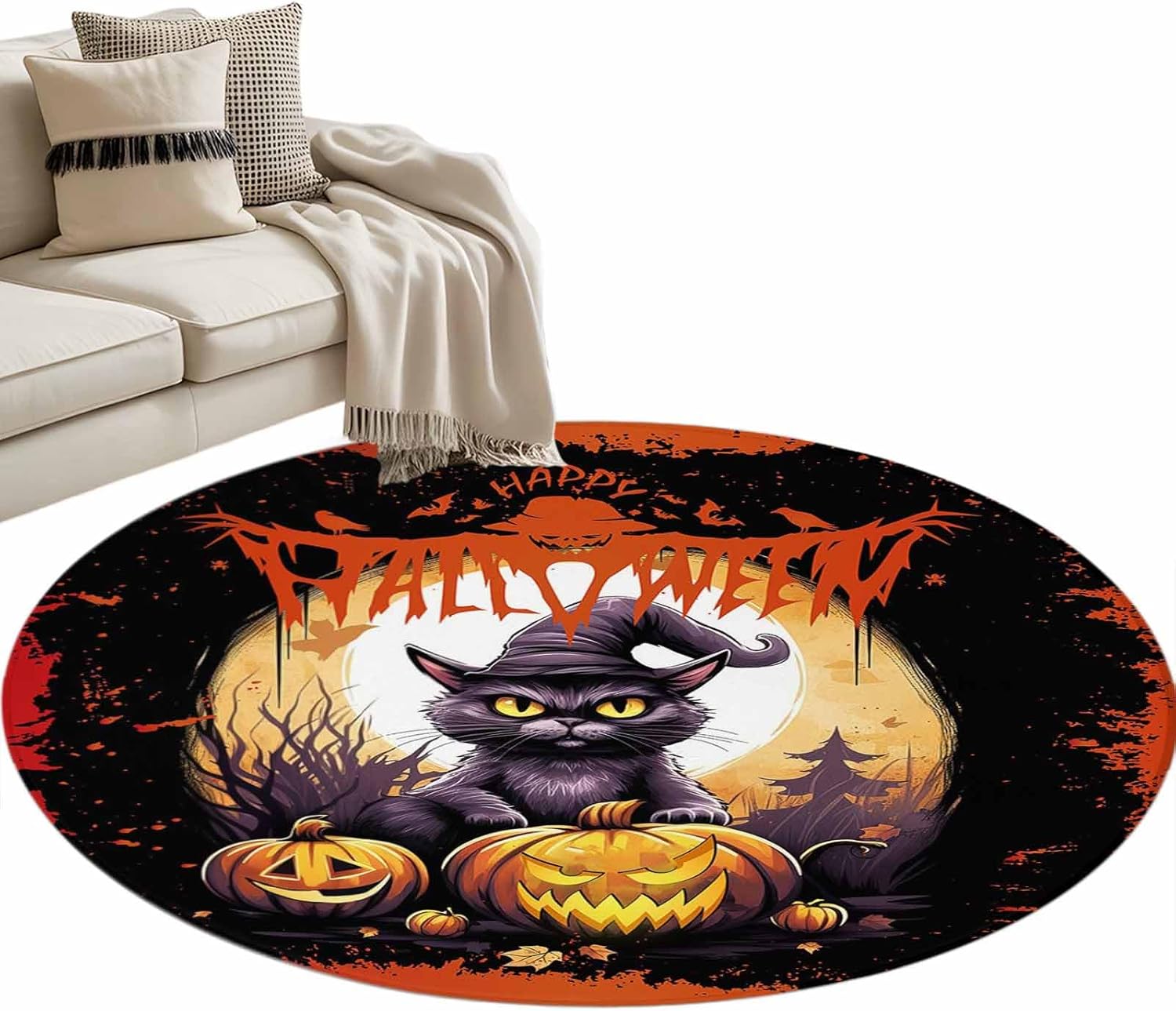 Halloween Round Area Rug 3ft Black Cat Spooky Pumpkin Floor Carpets Indoor Floor Area Mat Stain-Proof Mat Circle Rugs for Living Room Dining Room Kitchen Bedroom Fall Decor, Crow Sofa Throw Carpet