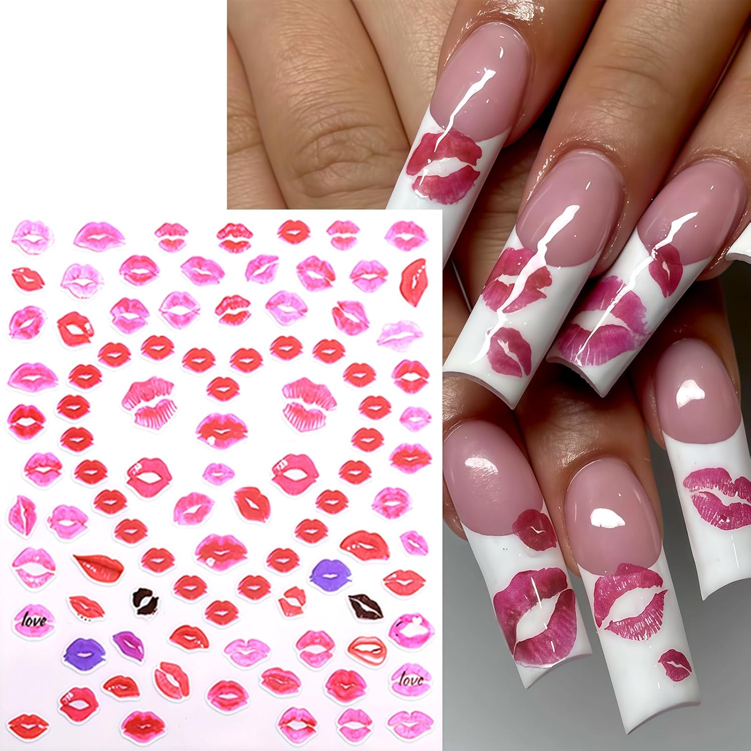 6 Sheets Valentines Day Nail Art Stickers Sexy Lip Nail Decals 3D Self-Adhesive Colorful Lips Nail Supplies Red Lip Heart Love Nail Design Pink Red Heart Lips Manicure Accessories for Women Nail Decor