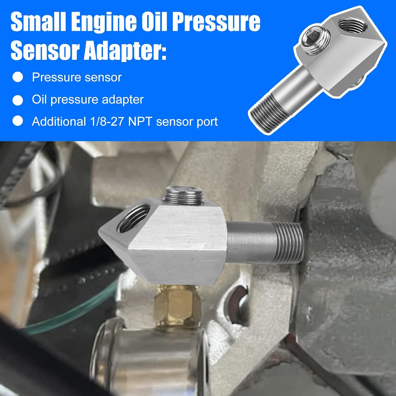 Oil Pressure Sensor Thread Adapter, 1/8-27 NPT Port Plugs Stainless Steel Fitting Compatible with General Motors Small Block 305/350 Engines Parts Accessories