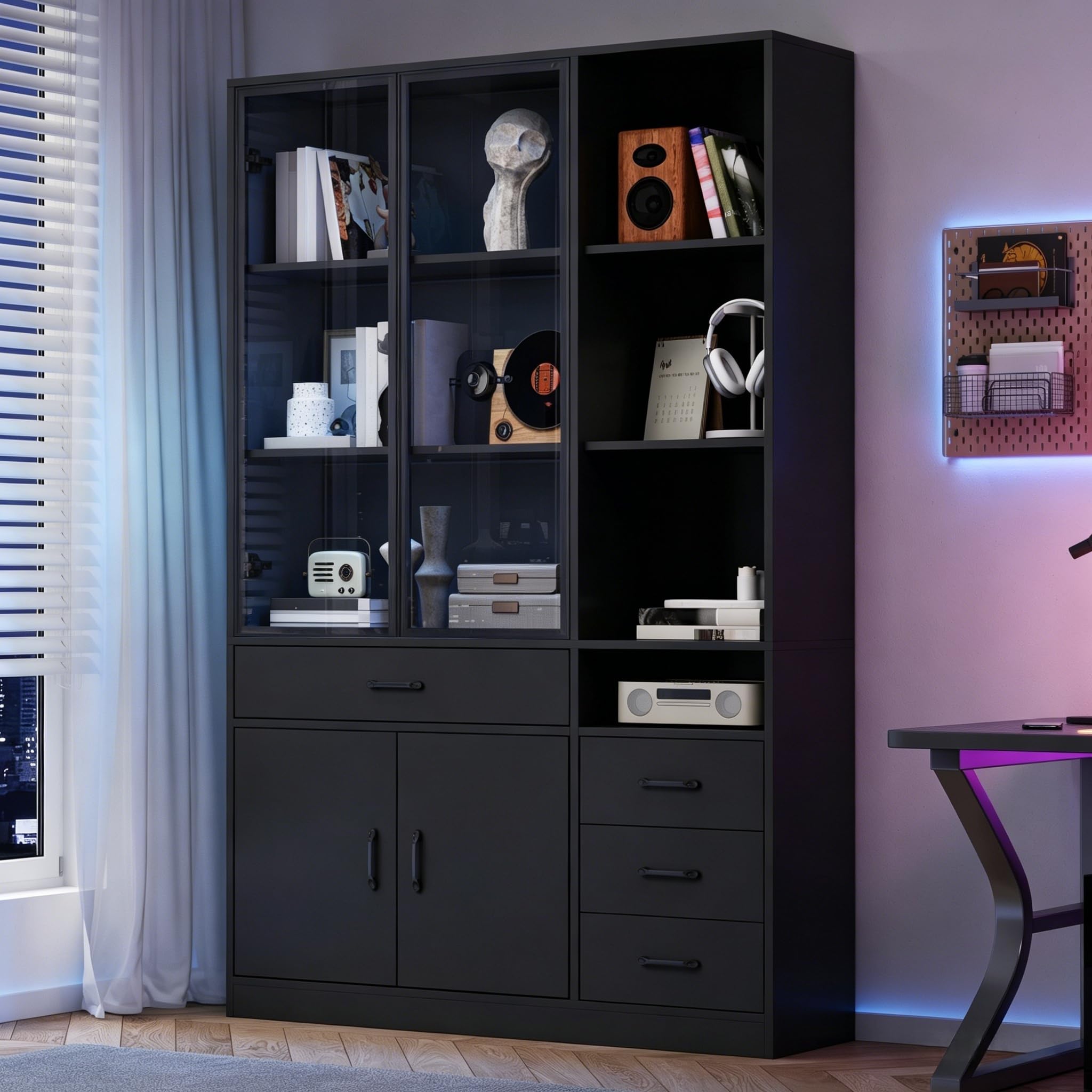 Armario alto con vitrina de cristal y LED, 120 x 35 x 200 cm, estantería con 13 zonas de almacenamiento, 4 cajones y puertas, vitrinas, armarios, para comedor y salón (negro)