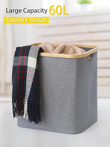 Miniatura 8 de Cesto de lavandería, gris, capacidad de 60 L, plegable, mango de bambú, tela Oxford 600D duradera