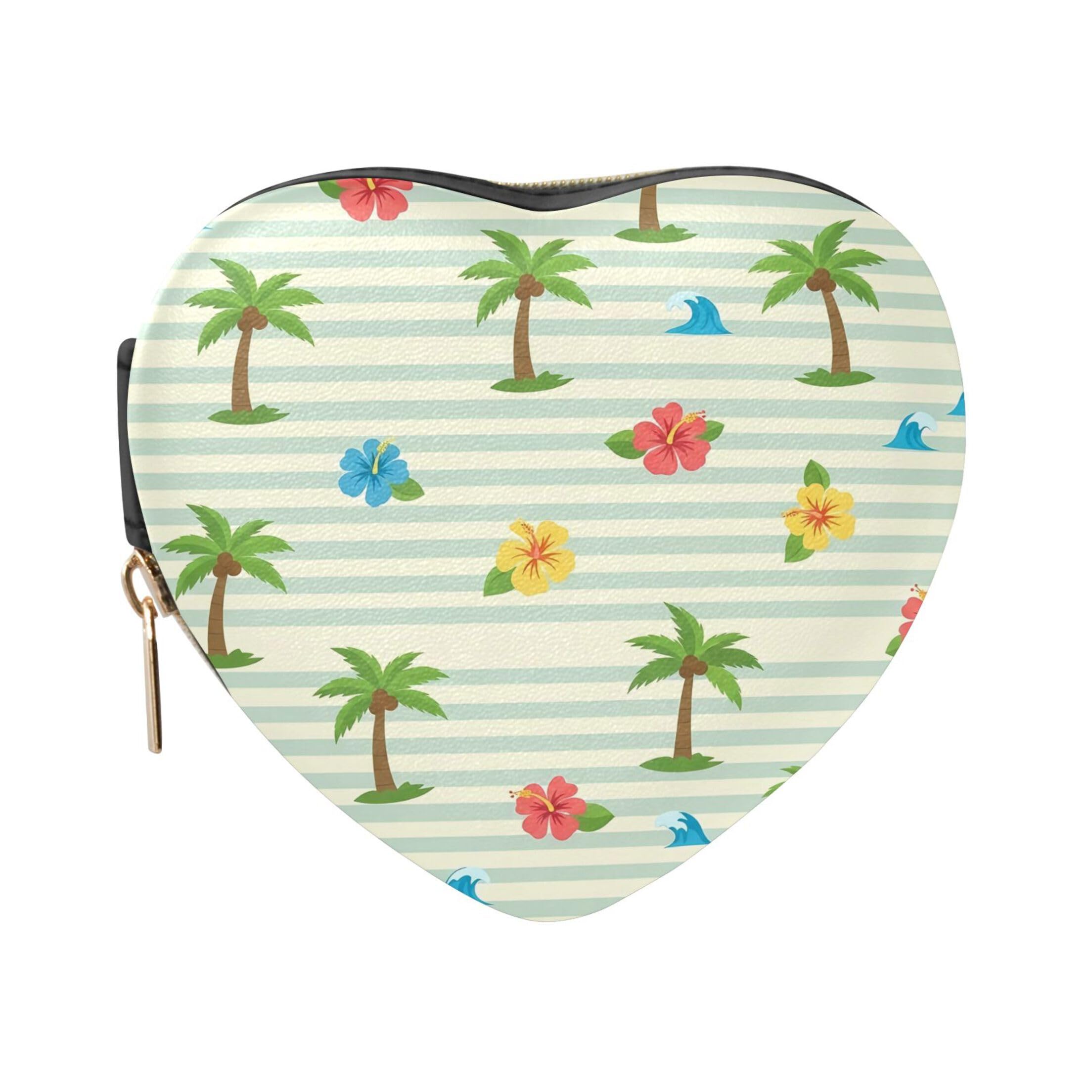Fuauuyl Coconut Trees Hibiscus Small Jewelry Box Heart-Shaped Jewelry Case, Portable Travel Organizer Bridesmaid Proposal Gift for Women Girls