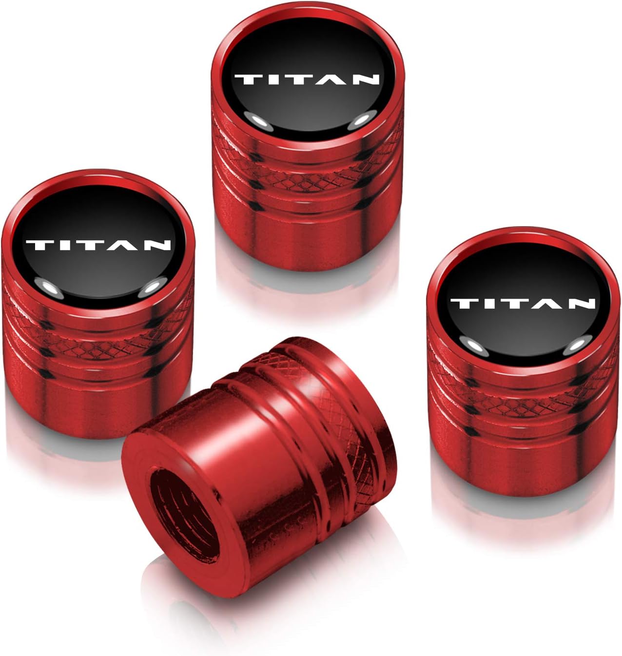iPick Image for Nissan Titan in Black on Red Aluminum Cylinder-Style Tire Valve Stem Caps