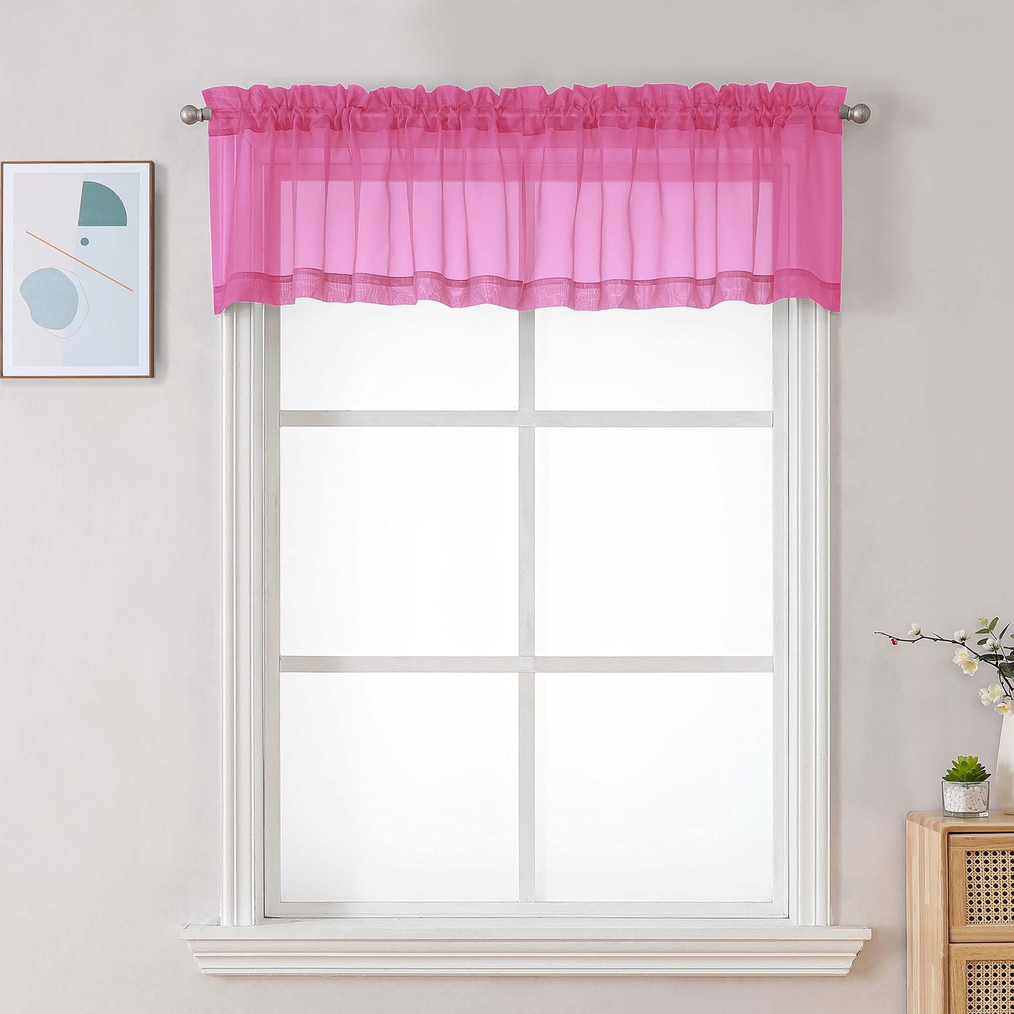 Chyhomenyc Sheer Valances for Windows, Light Filtering Small Window Curtains for Living Room Bathroom Cafe Laundry Basement, Top Dual Rod Pocket Voile Curtain, 42Wx14L inches, Hot Pink, 2 Pieces