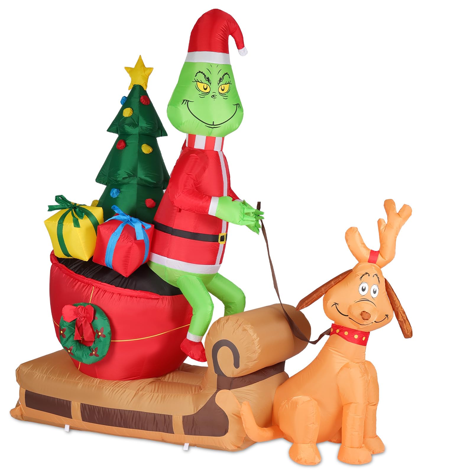 7FT Christmas Inflatable Outdoor Decoration, Green Monster and Dog Max on Sleigh with LED Lights Blow Up Yard Decorations Outdoor Lawn Garden Christmas Inflatable Decorations