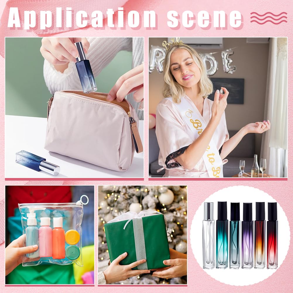 NBEADS Kit di 24 flaconi spray per profumo in 6 colori da 10 ml, riutilizzabili, rettangolari, da viaggio, con pompe in plastica, imbuti e pipette per erogazione di fragranze
