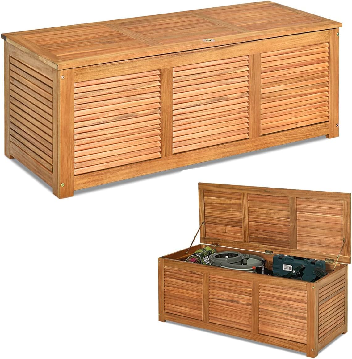 GOPLUS Baúl Almacenaje Exterior de Madera Acacia, Banco Contenedor con Capacidad 178L carga 150 kg, Caja de Almacenamiento con Tapa, Arcón para Jardín Patio Terraza Balcón, 120x45x45cm, Natural