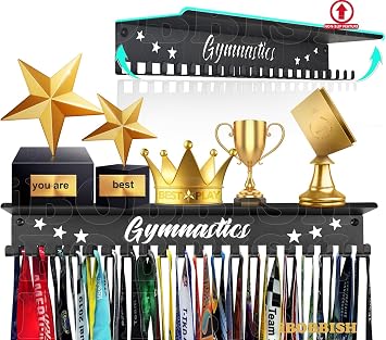 iBobbish Metal Medal Hanger Display,Non-Slip Trophy Shelf with 20 Hooks,Wall Mount,Heavy Duty,Non-Bent,Holds 22-33lbs,for Gymnastics,Race,Soccer,Swim