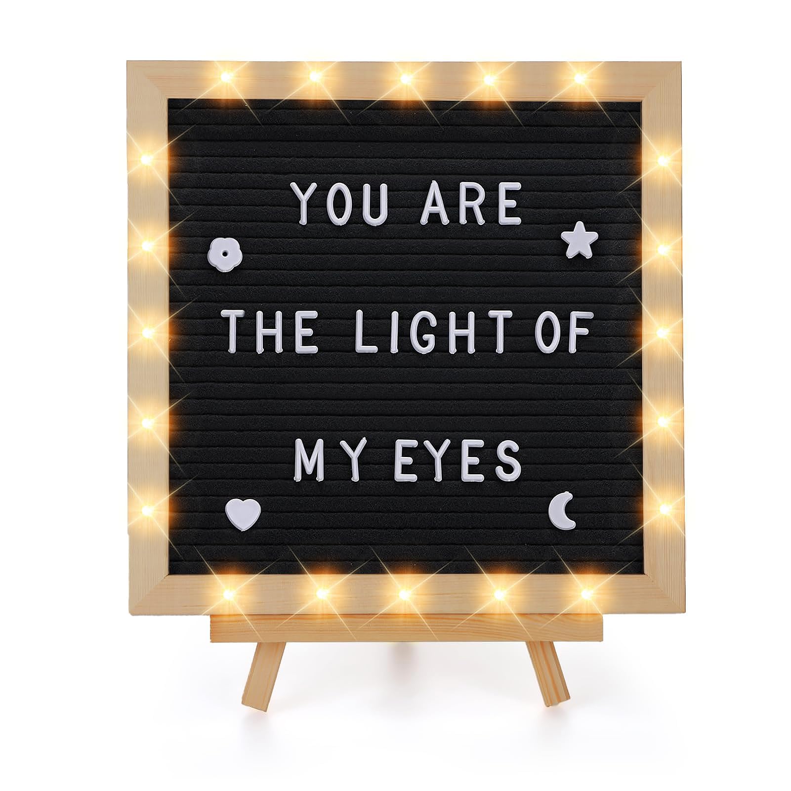 Light up Changeable Felt Letter Board - 10 ร 10" Message Board with LED Lights, Wood Stand & 450 Letters for Baby, Pregnancy Announcement, Home, Classroom Wall Decor Gifts, Black