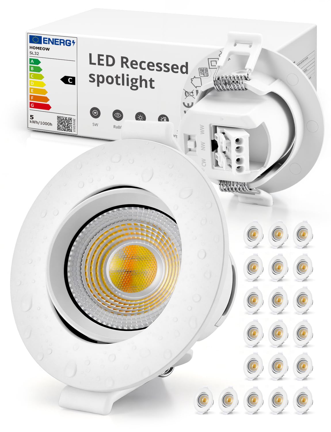 HOMEOW IP65 LED Einbaustrahler 230V Badezimmer Extra Flach Schwenkbar 60mm-68mm Einbauspots, 5W 710lm Bad Einbauleuchte Deckenstrahler für Küche, 20er Set