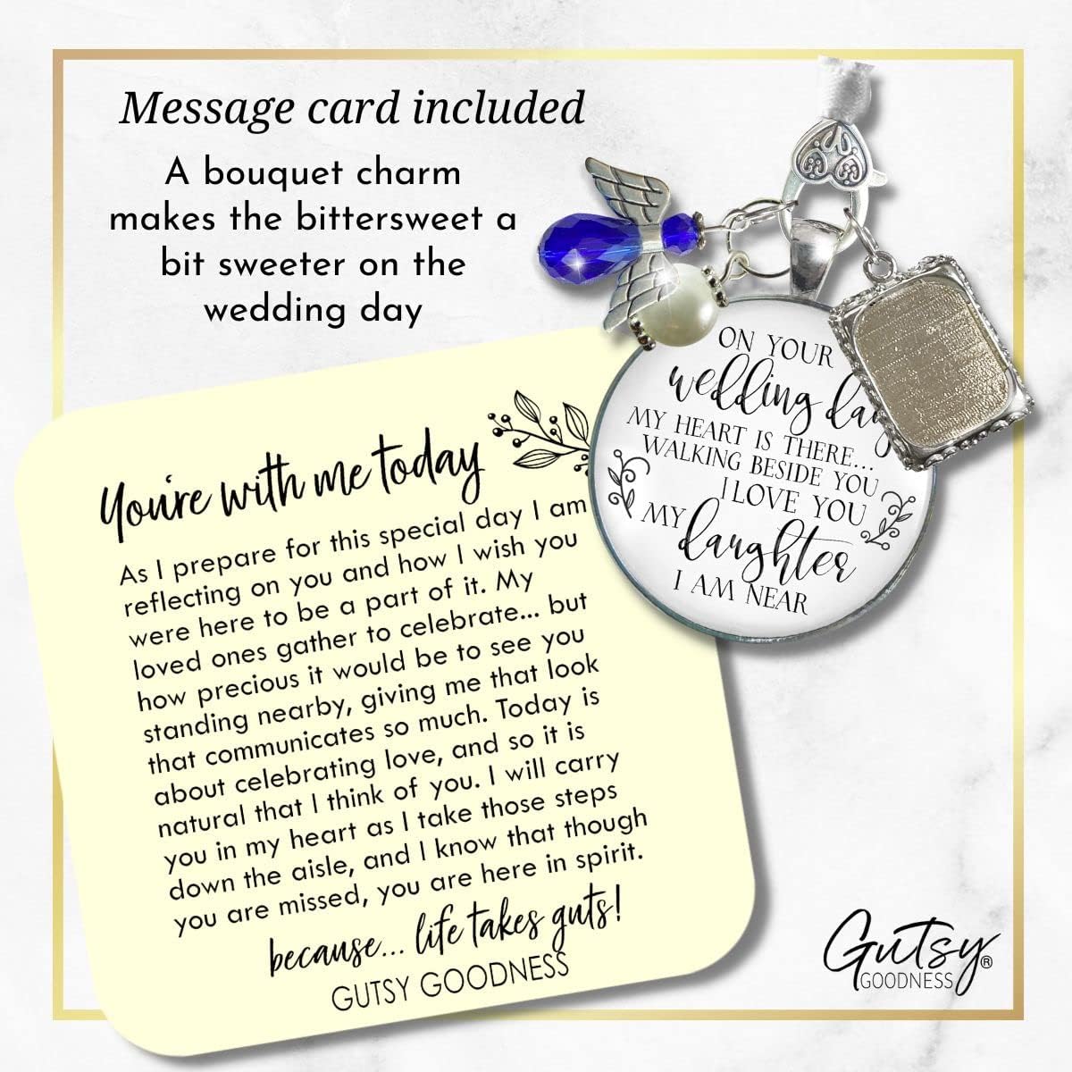 Bouquet Photo Charm Wedding Memory Something Blue Angel - I Know You'd Be Here If Heaven Honor Love One, Silver Finish Handmade Bridal Jewelry White Glass Pendant 2 Frames Gift Message & Box for Bride