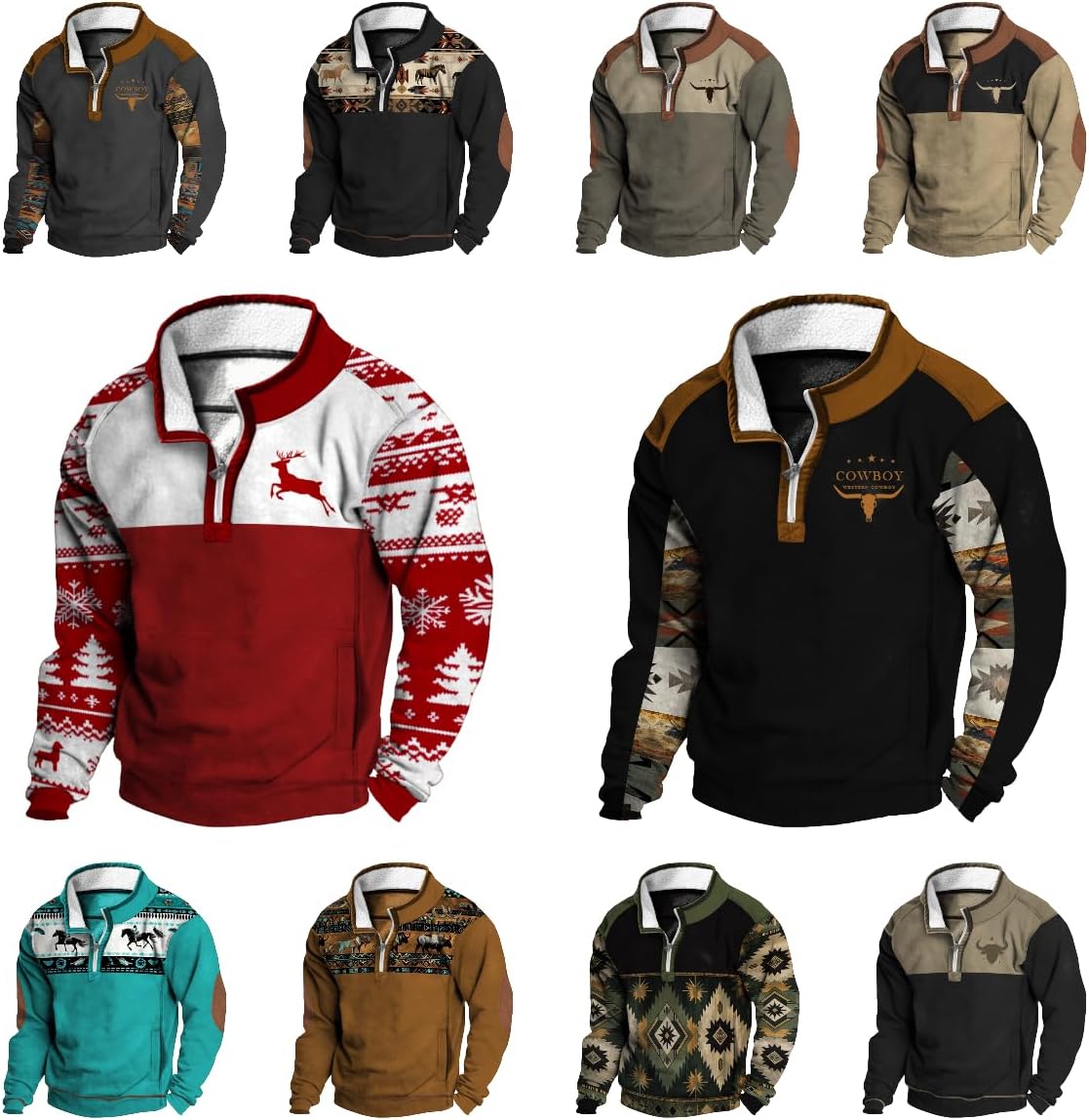 Western Longhorns Graphic Hoodies Western Cowboy Pullover Crewneck Collared Half Zip Vintage Fleece Sweatshirt - Image 5