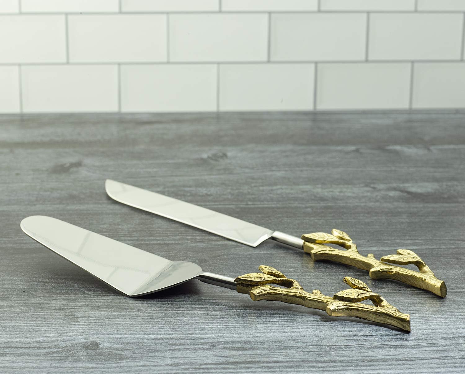 GUTE 2 Piece leaf (twig) Cake Server Cake Knife and Serving Spatula Set Gold Leaf Design, Stainless Steel and Brass Two Tone Ideal for Weddings, Party's, Elegant Events (Gold)