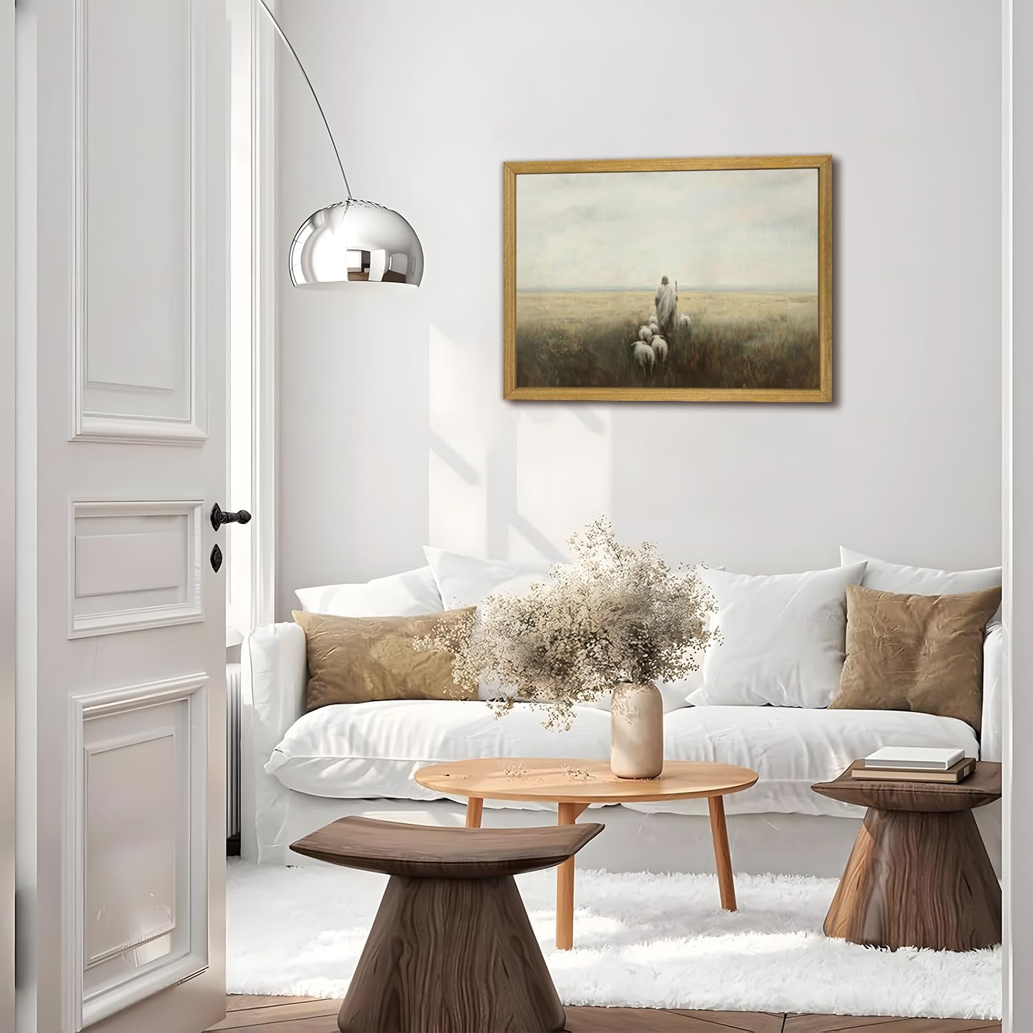 Wood Framed Jesus Wall Art, Christian Canvas Wall Decor, Jesus Leaves the 99 Sheep Poster Print Picture, Lost Lamb Religious Artwork Oil Painting for Living Prayer Room Bedroom 12x16 inch