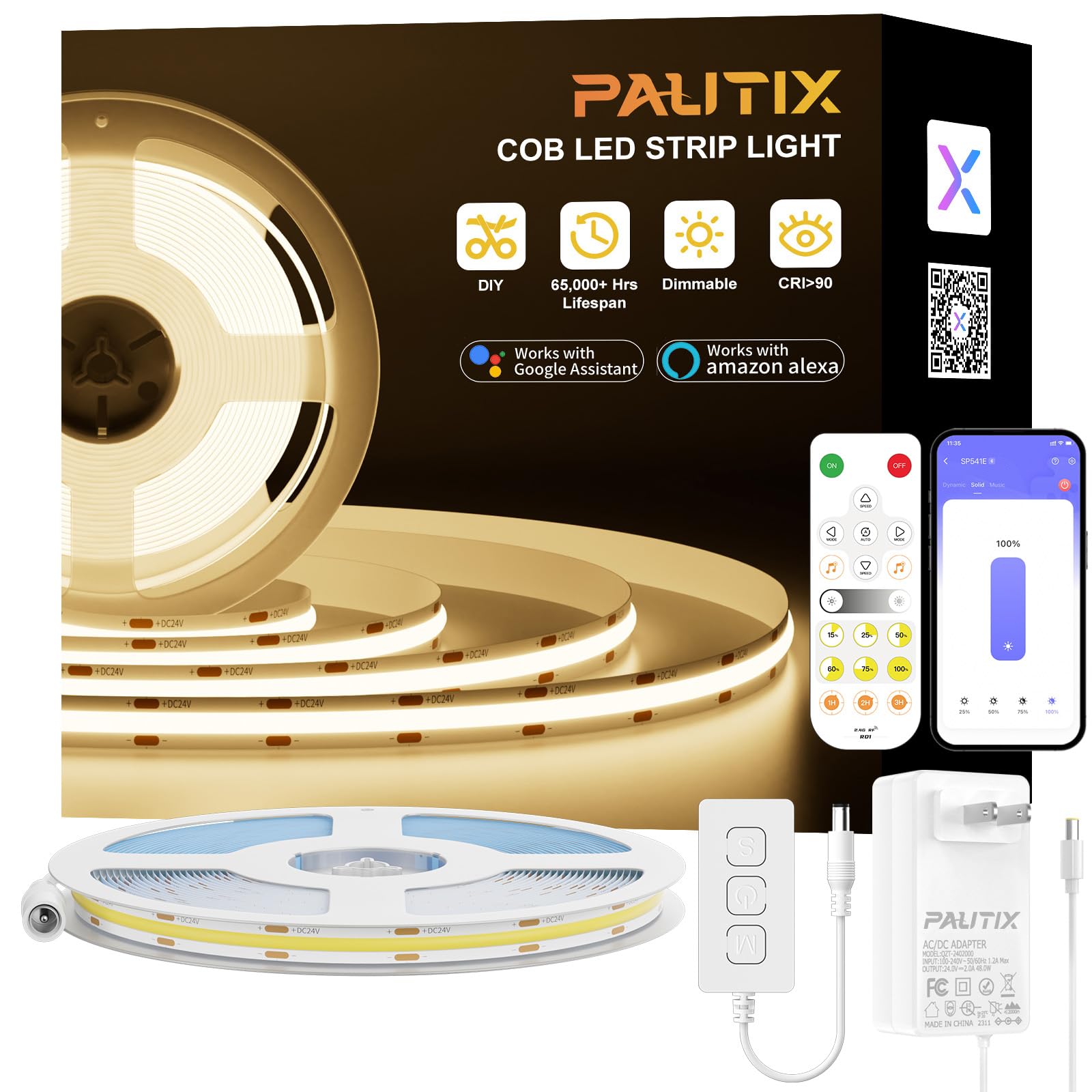 PAUTIX COB LED Strip Light 20ft/6.1m,Compatible with Alexa/Google Assistant,4800LEDs Warm White 3000K,CRI93+ Super Bright High Lumen,Dimmable 24V Flexible LED Light Strip,for Home&Office DIY Lighting