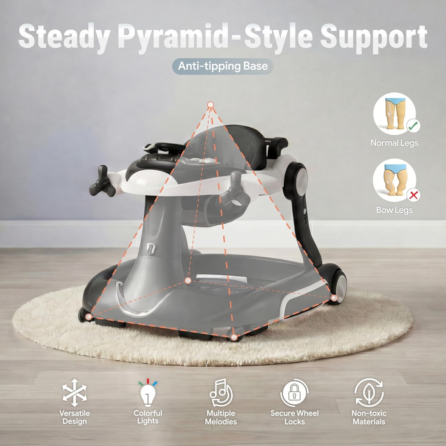 7 in 1 Foldable Baby Walker, Infant Activity Walker w/Adjustable Height, Detachable Play Tray with Music & Light, Baby Push Walker with Wheels for Boys Girls 7-18 Months, Speed Control, Black