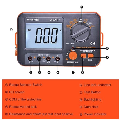 Miniatura 18 de Megohmmeter 200 Gig Ohm - Probador de resistencia de aislamiento digital de 500 V/1 kV/2.5 kV/5 kV, voltaje de rango automático, probador