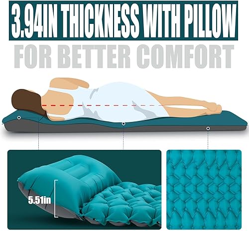 Miniatura 2 de AKSOUL Colchoneta de dormir para acampar con almohada extra gruesa de 3.9 pulgadas, ultraligera autoinflable, colchón inflable compacto ligero