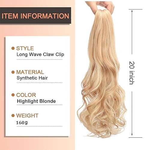 Miniatura 8 de Limerence Extensión de cola de caballo con clip de garra de 20 pulgadas, extensiones de cabello largo ondulado para mujer, extensión de cola de