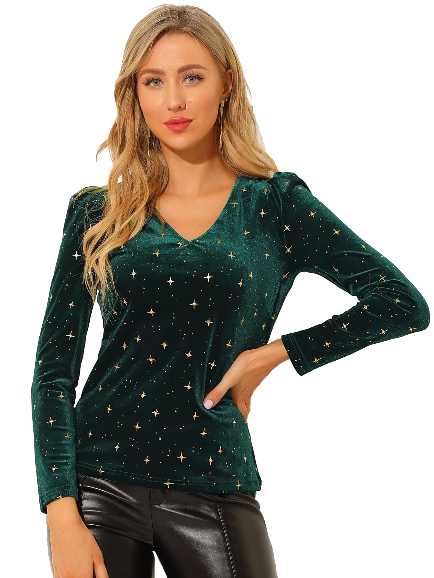 Allegra KWomen's Velvet V-Neck Long Sleeve Christmas Shiny Gilding Metallic Stars Top