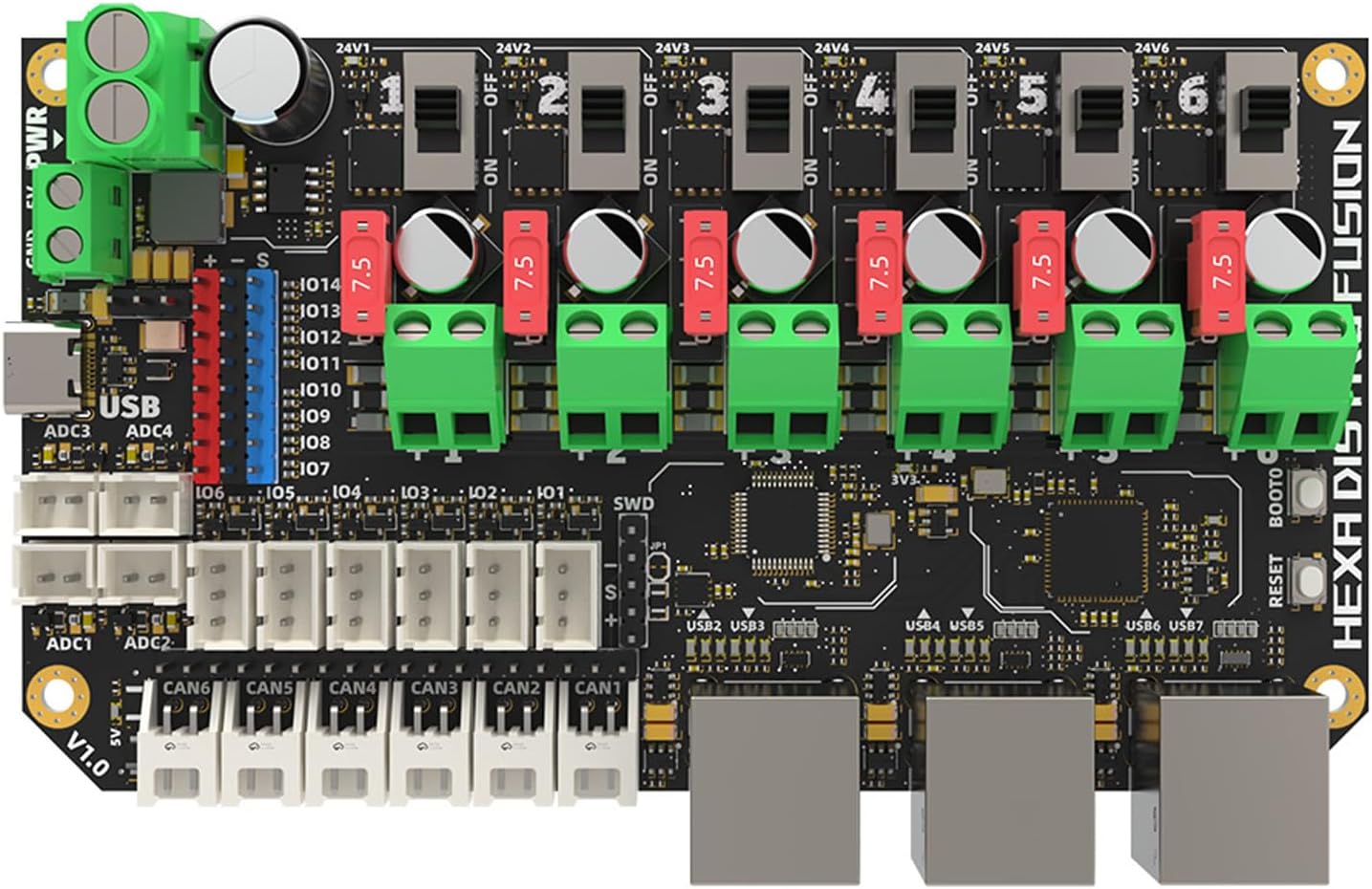 Hexa Distro Fusions 6 チャンネル USB2.0 拡張モジュール CAN バスと 24V/7.5A 電源制御付き