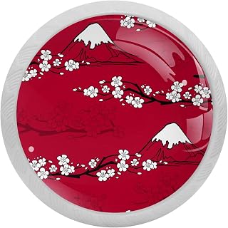 Pomos redondos de fluorescencia para gabinetes de cocina, cajones, 4 piezas, diseño japonés Sakura Fujisan, color rojo brillante en la oscuridad