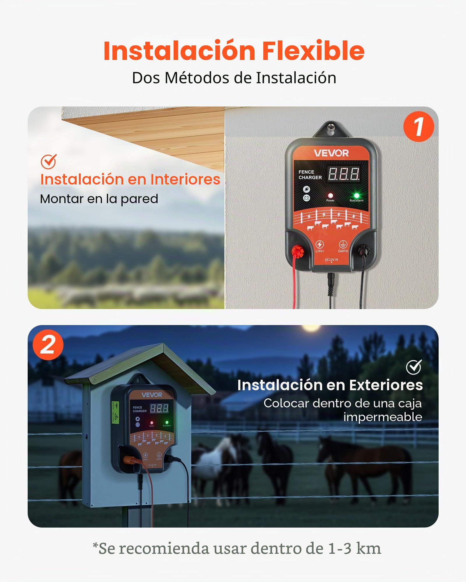VEVOR Cargador para Cercas Eléctricas de 3 J con Indicador LED, Alcance de 3 km, Potente Cargador Enchufable para Cercas, Previene la Intrusión de Animales Salvajes en Ganado y Aves de Corral