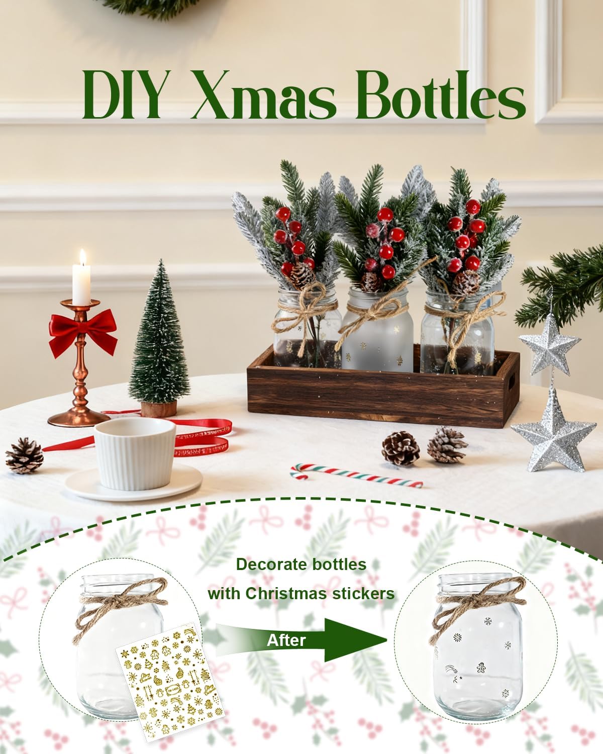 3PCS Christmas Mason Jars, Tiered Tray Decorative Jars with Wood Tray & Artificial Flowers Wishing Bottles for Winter Holiday Home Mantel, Kitchen, Dining room, Bedroom Table Centerpiece Decor Gift