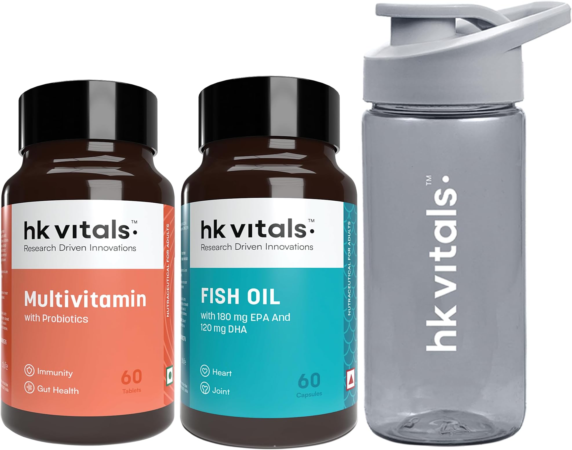 HealthKart HK Vitals Fish Oil and Multivitamin Combo, 60 Omega 3 Fish Oil Capsules (1000 mg Omega 3 with 180 mg EPA & 120 mg DHA) & 60 Multivitamin Tablets with 300 ml Sipper